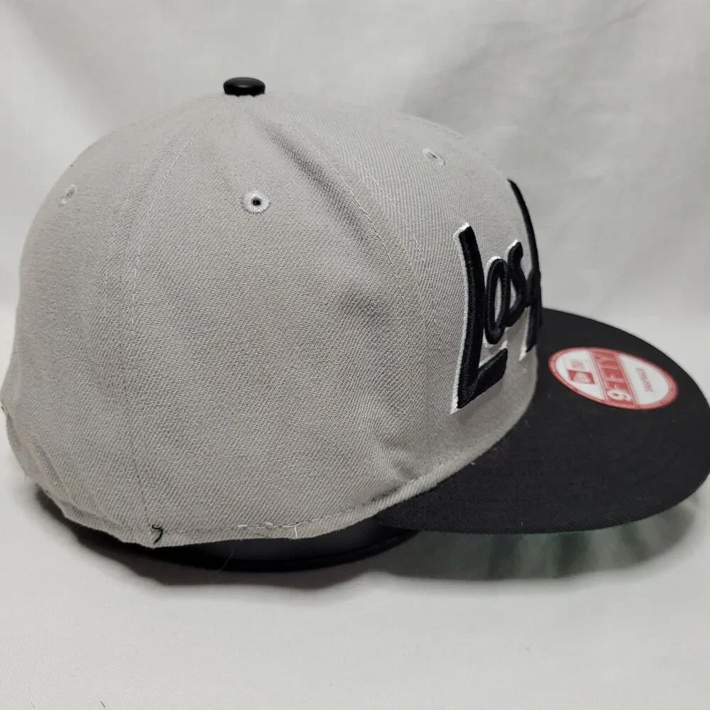 New Era 9FIFTY Los Angeles Dodgers Hat Gray Black Script Snapback Stickers Cap